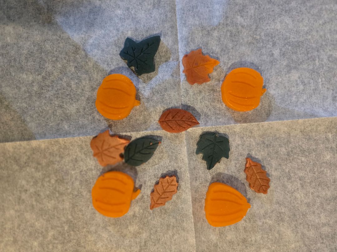 Orange Handmade Craft Supplies: (12) Resin Pumpkins and Leaves, small