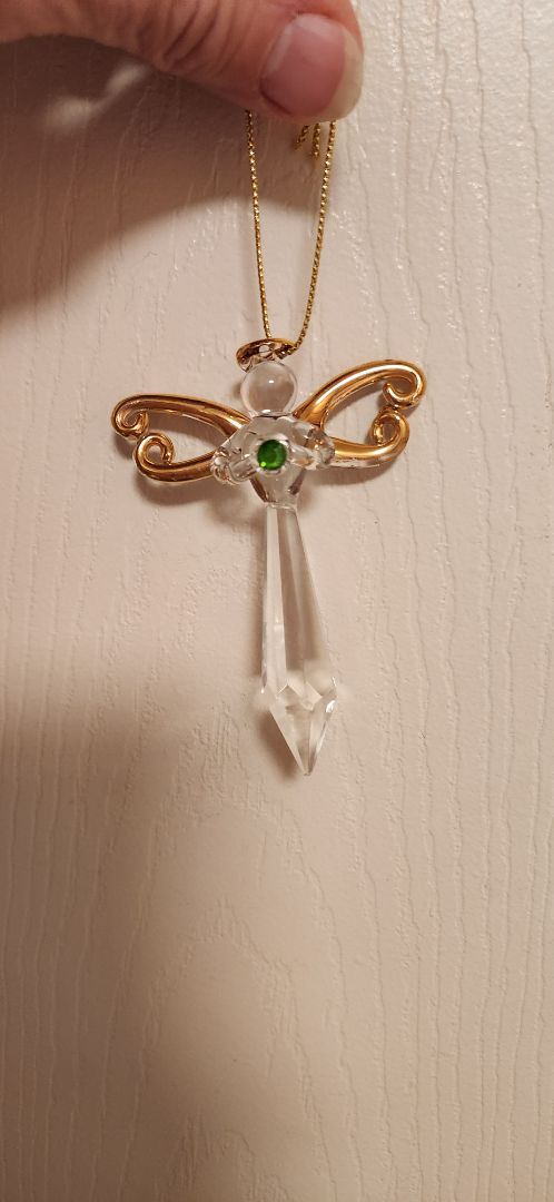 Glass angel with gold wings and green jewel