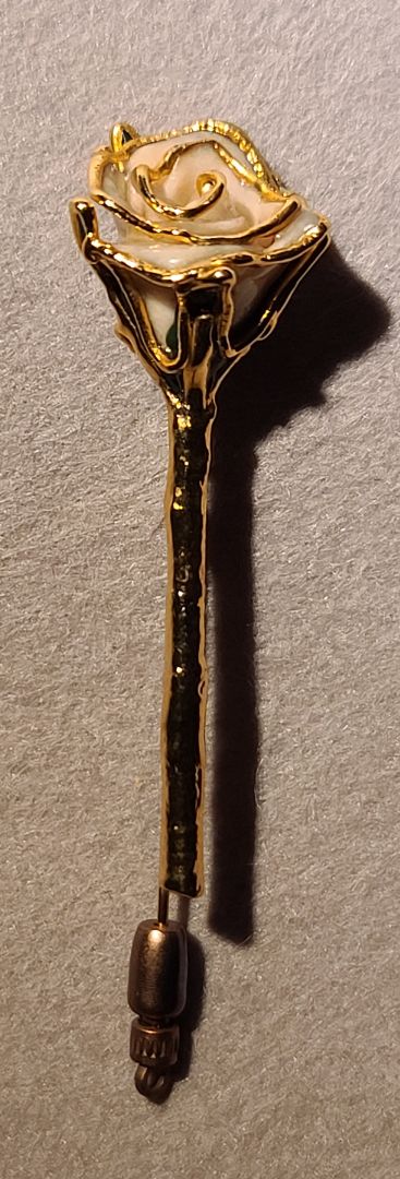 Gold & White Vintage Gold Trimmed Rosebud Brooch., 2"