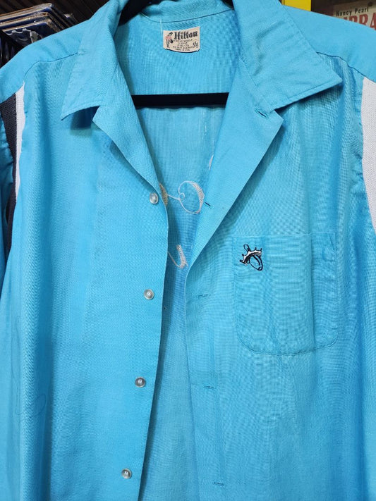 Teal black and white Hilton Rockabilly Bowling shirt