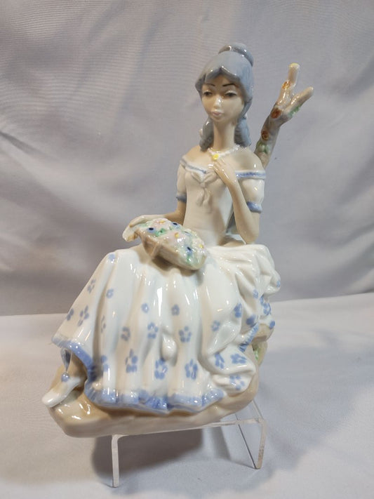 Pastoral themes Casades NapcoWare Vintage Casades “NEO Lladro” porcelain figurine of girl with flower basket by tree, 7.25"
