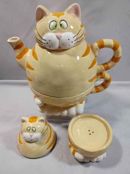Vtg Bella Casa by Ganz Cat Teapot Cup Tea for One & Matching Shaker Set Lot, 8"