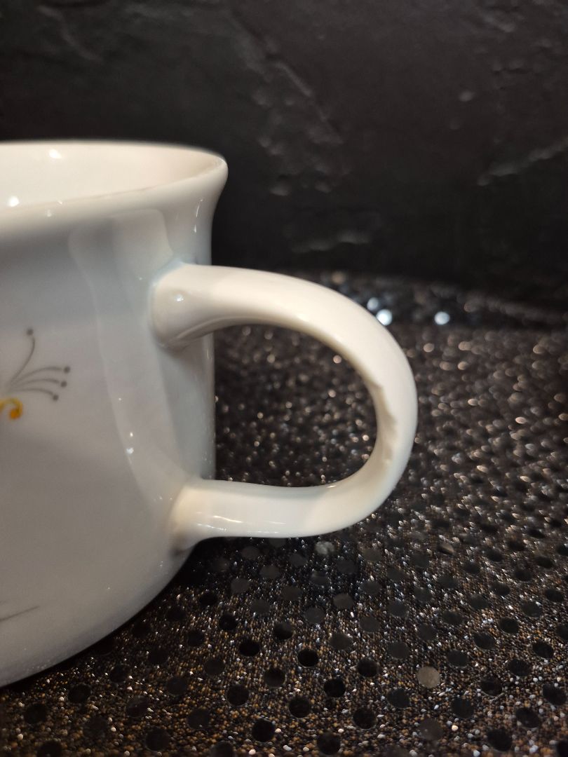 White, Orange Poppy Bake N' Serve Hearthside Soup Mug, As Is, chipped handle, 2.75", 14 oz.