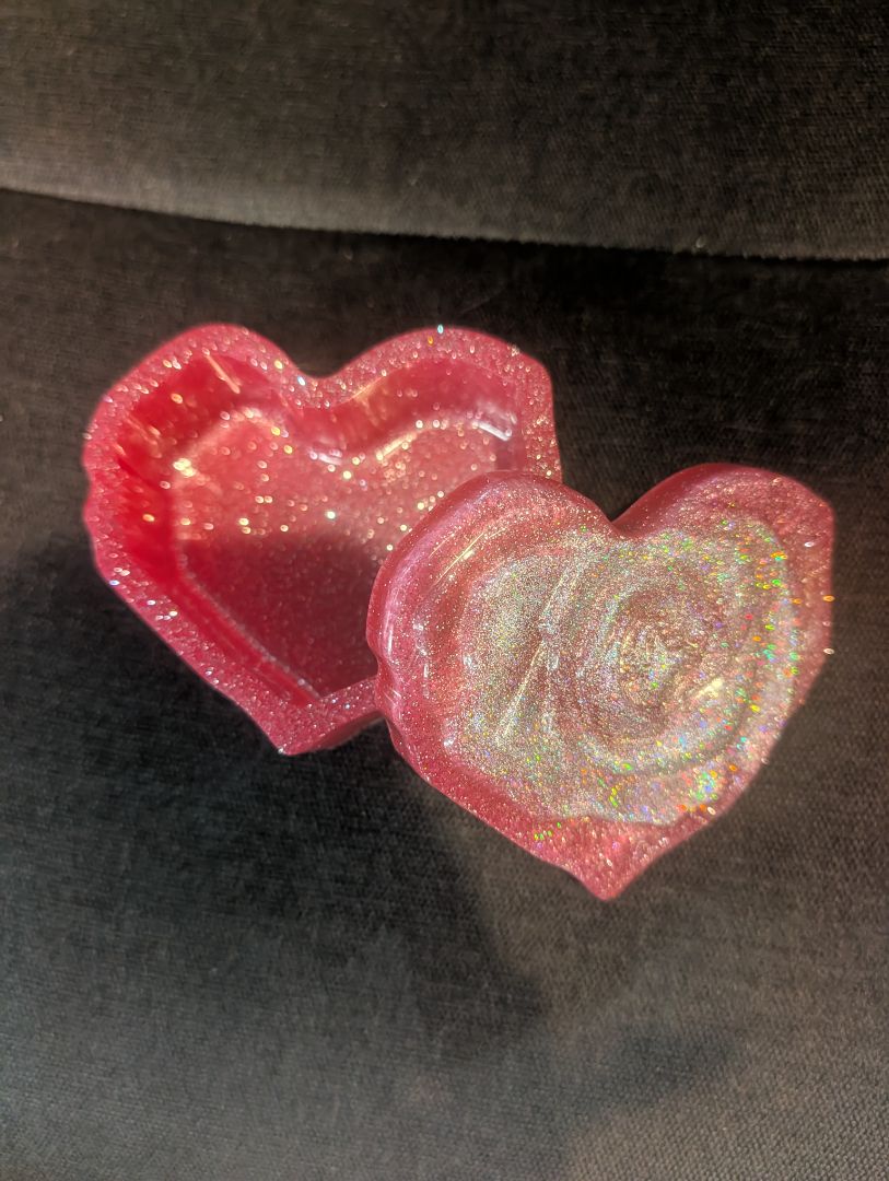 Pink Hand made Heart Shaped Trinket Box w/ Silver Glitter Rose, Resin
