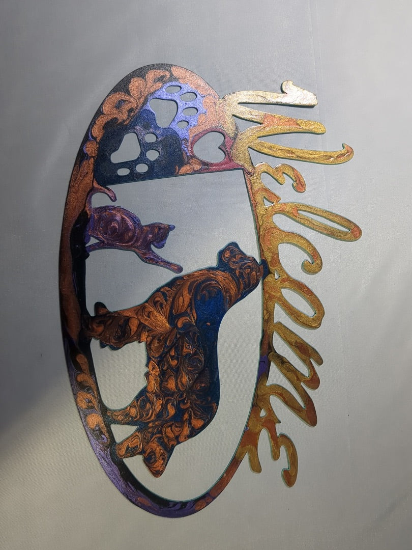Blue Purple and Metallic Colors Luminous Creations Metal Acrylic Poured Dog and Cat Welcome Sign, 12 inches by 9 inches