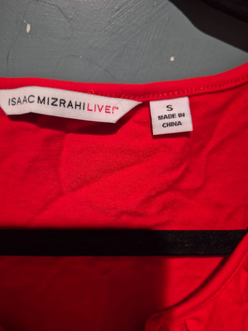 Red Isaac Mizrahi Short Sleeve Ruffled V-Neck T-Shirt, S