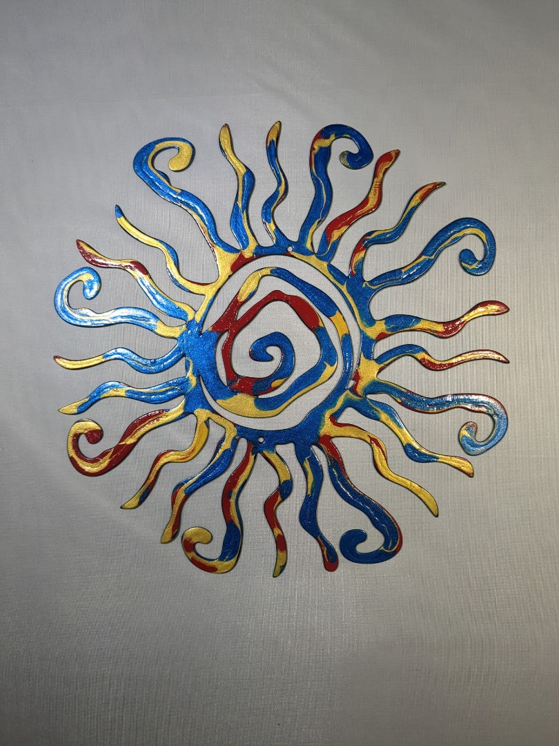 Tie-dyed blue, red gold Luminous Creations Acrylic Poured Spiral Sun, 17inched X 17inches