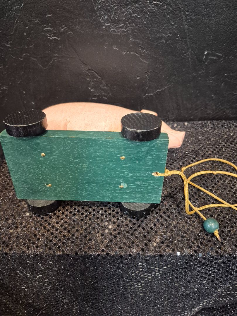 Pink Pig on Green Cart Vintage Wooden Pull Toy, 4.5" × 7" × 5"