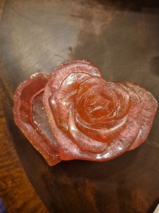 Red w/Gold Glitter Handmade Heart Shaped Resin Trinket Box, 3.75" × 3.5" × 2"