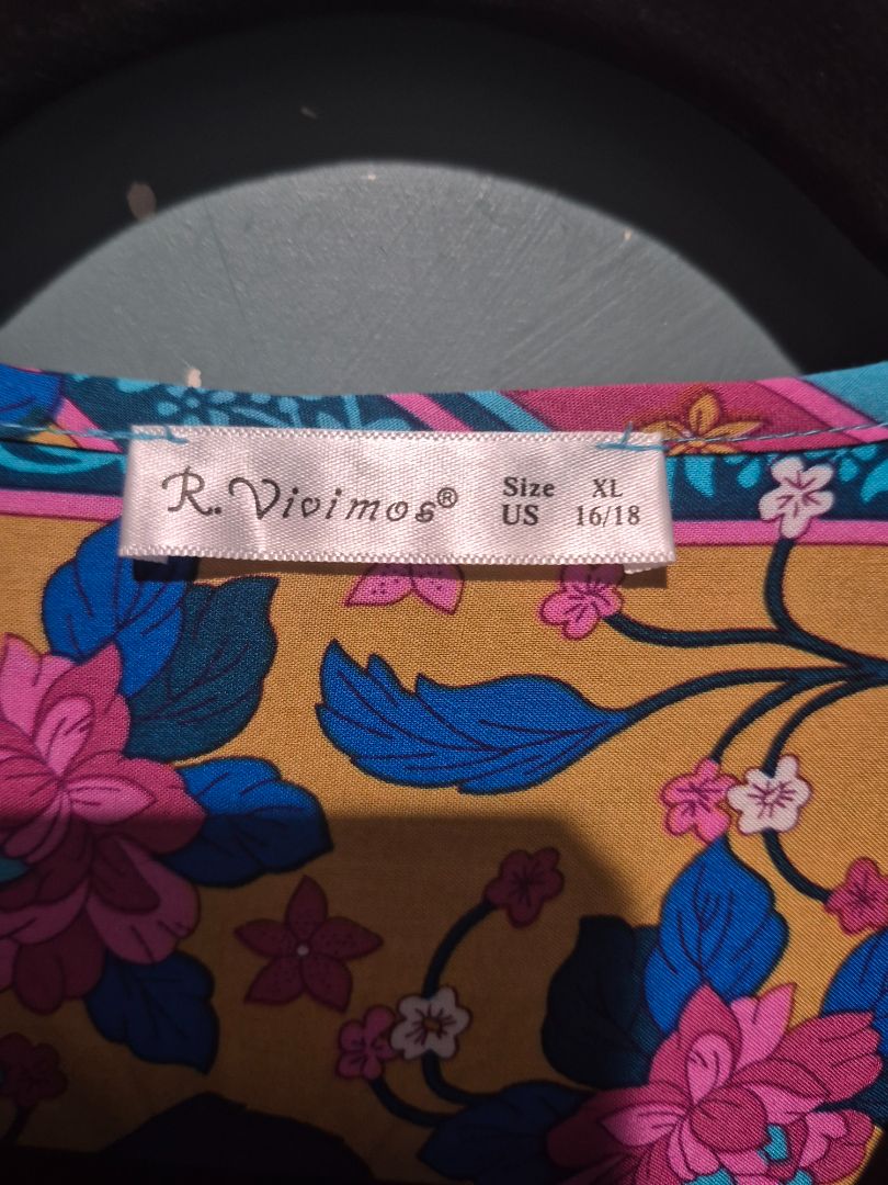Pink & Blue Floral Print R. Vivimos Front Tassel Long Sleeve Dress, XL / US 16/18