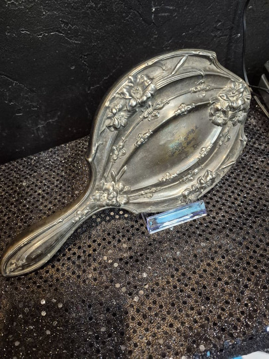 Antique Handheld mirror, Fleur-de-Lis Lily Silverplate Vanity