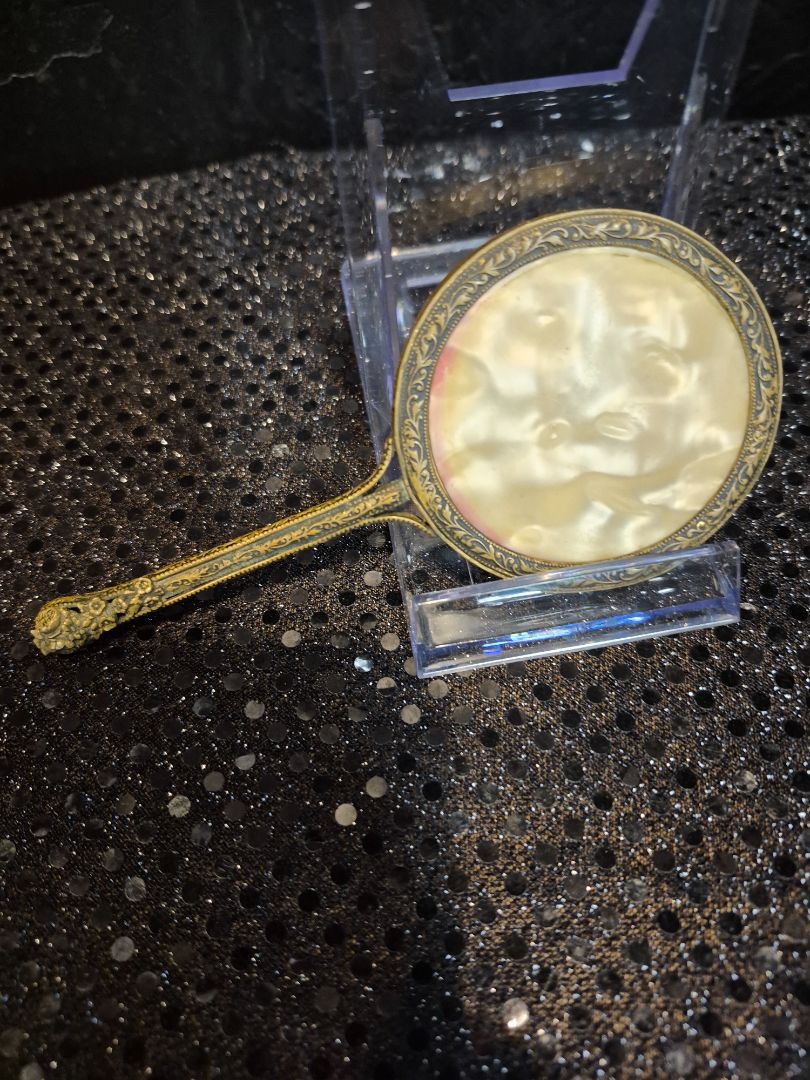 Brass Art Nouveau Handheld Vanity Mirror, 5.5" × 2.5"; 2" mirror