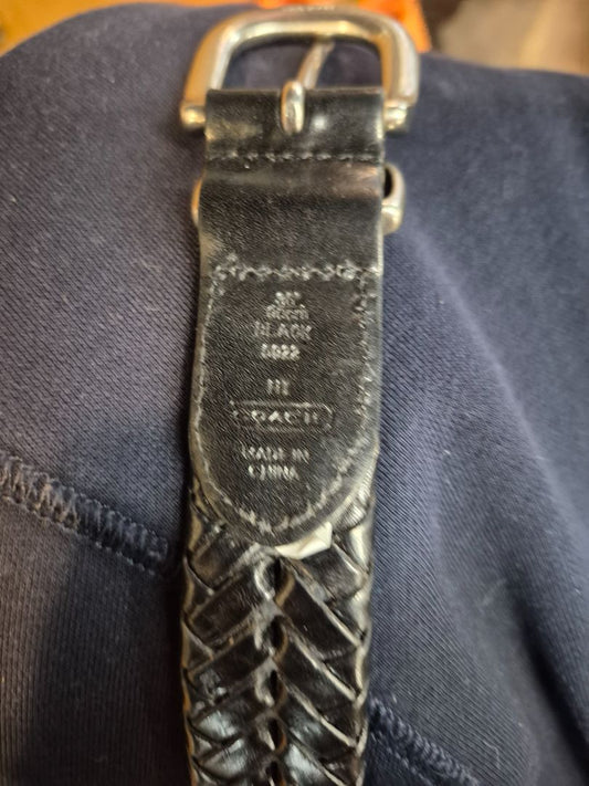 Black Coach Leather Woven Belt, Brass Buckle, 36