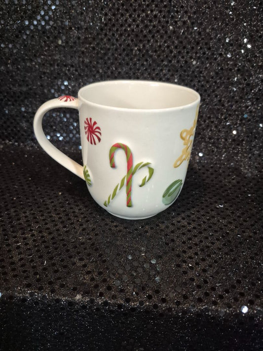 White Anthropolgie Christmas Mug "G", 4"