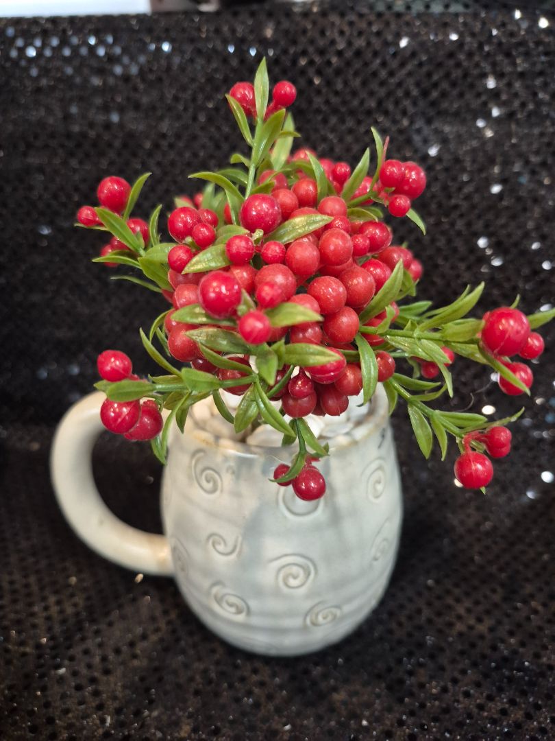 White w/Red Berries Hand made Sheep Mug WBerries Decor, 5" × 8"
