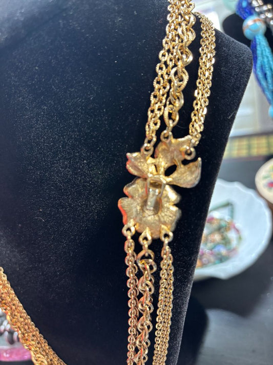 Necklace - Vintage Gold-tone multi-strand chain necklace w/ Decorative Floral Clasp
