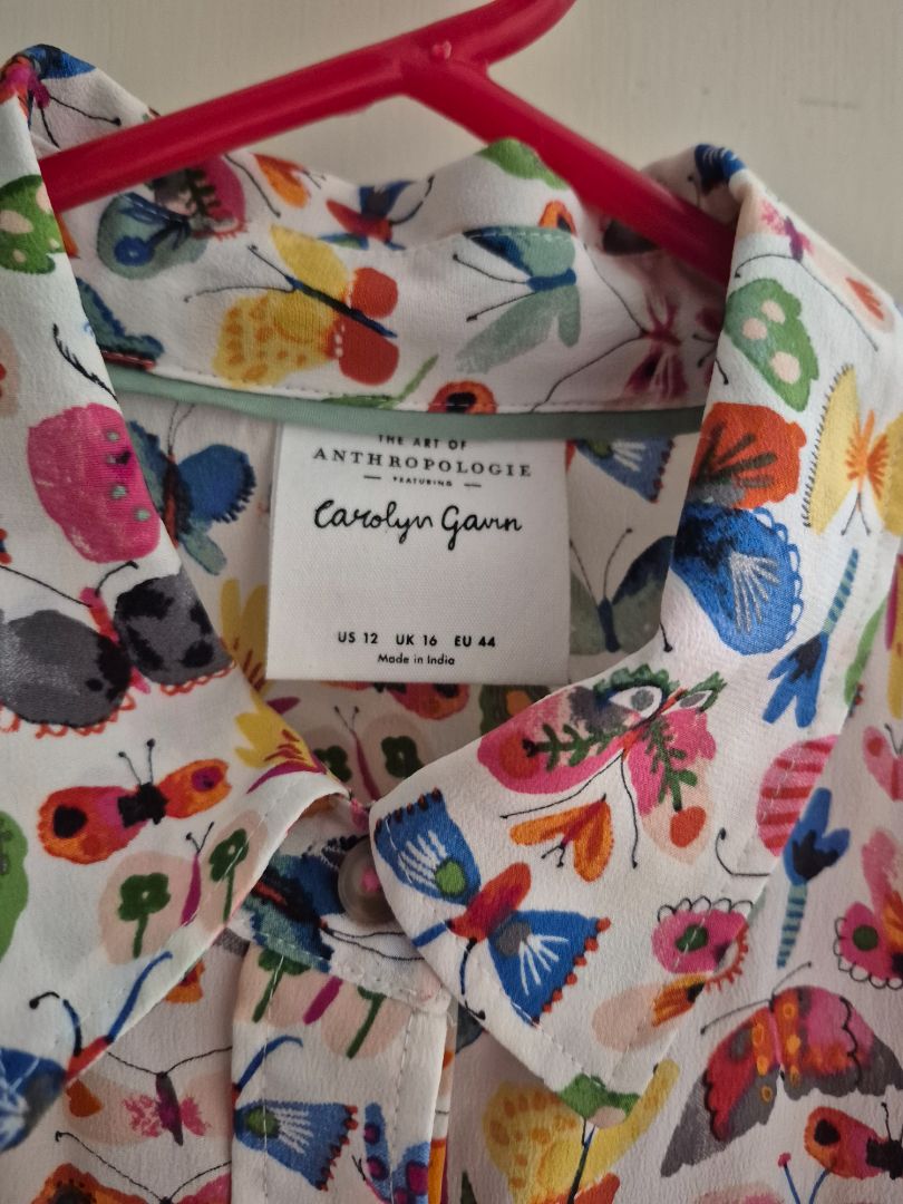 Butterfly Print Anthropologie Long Sleeve Button Blouse, 100% Silk, 12