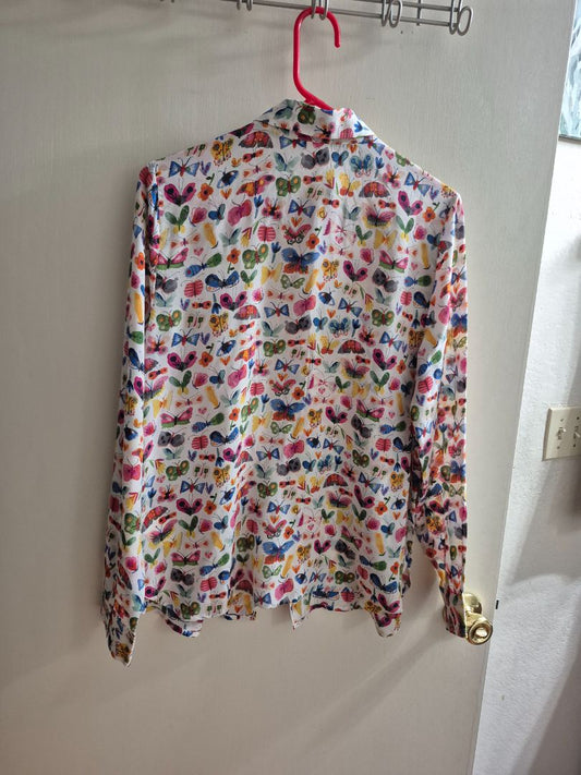Butterfly Print Anthropologie Long Sleeve Button Blouse, 100% Silk, 12
