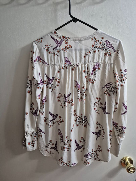 Bird Print DR2 Long Sleeve Button Blouse, M