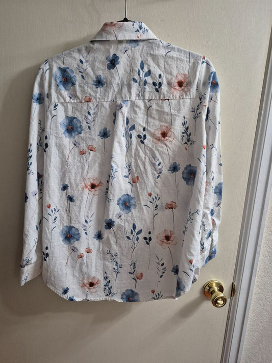 White Floral Long Sleeve Button Blouse, M