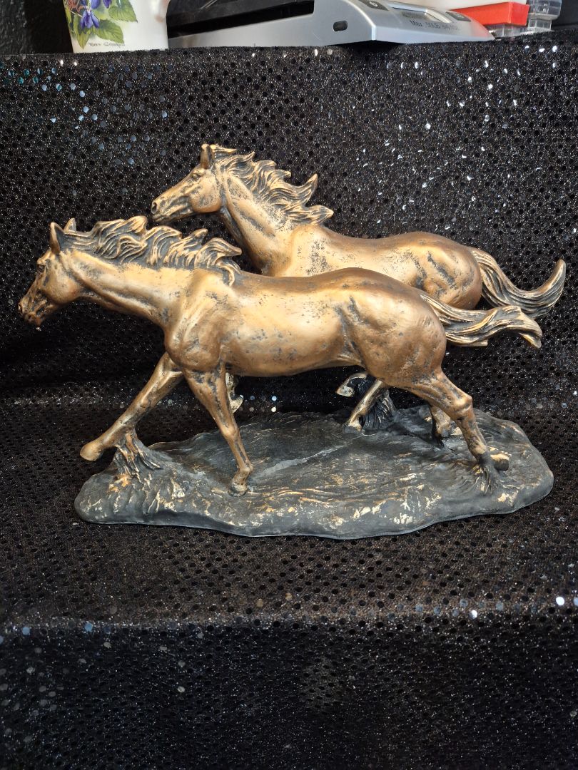 Galloping Pair of Horses Bronze Finish Statue, 13" × 8"