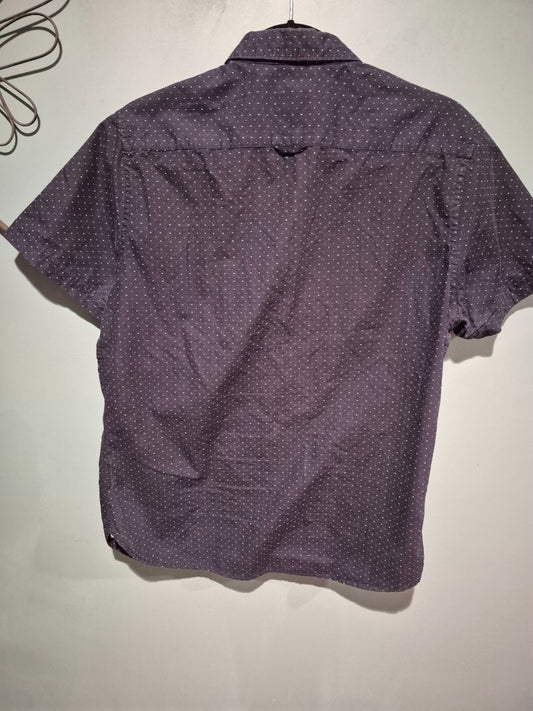 Blk w/Wht Polka Dots Denim & Flower Ricky Singh Short Sleeve Button Shirt, M