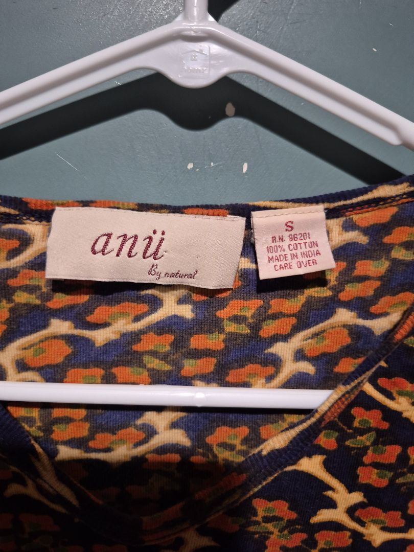 Brown, Orange, & Teal Anu by Natural 3/4 Sleeve Elephant Cotton Shirt, S
