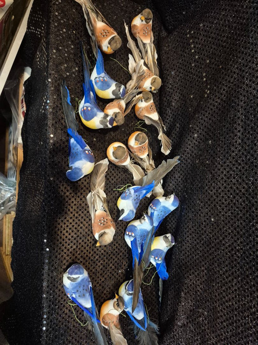 Blue & Brown Faux Bird Ornaments, 18 pieces