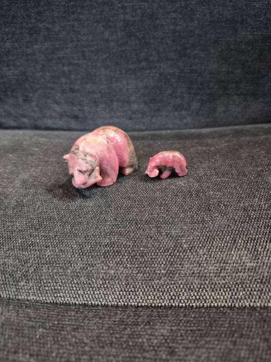 Pink & Black Rhodonite Hand Carved Bear w/Salmon and Cub w/Salmon, 2" & 1"
