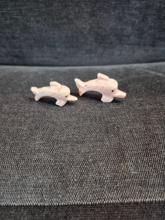 Pink Hand Carved Soapstone Dolphins, Set of 2, 2" & 1.75"