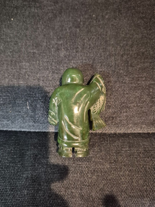 Hand Carved Canadian Green Nephrite Jade Figurine of an Inuit Fisher Person Holding a Fish, 3"