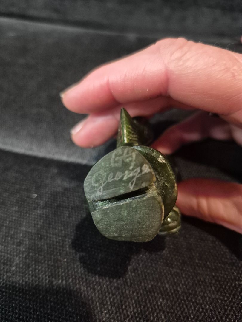 Hand Carved Canadian Green Nephrite Jade Figurine of an Inuit Fisher Person Holding a Fish, 3"