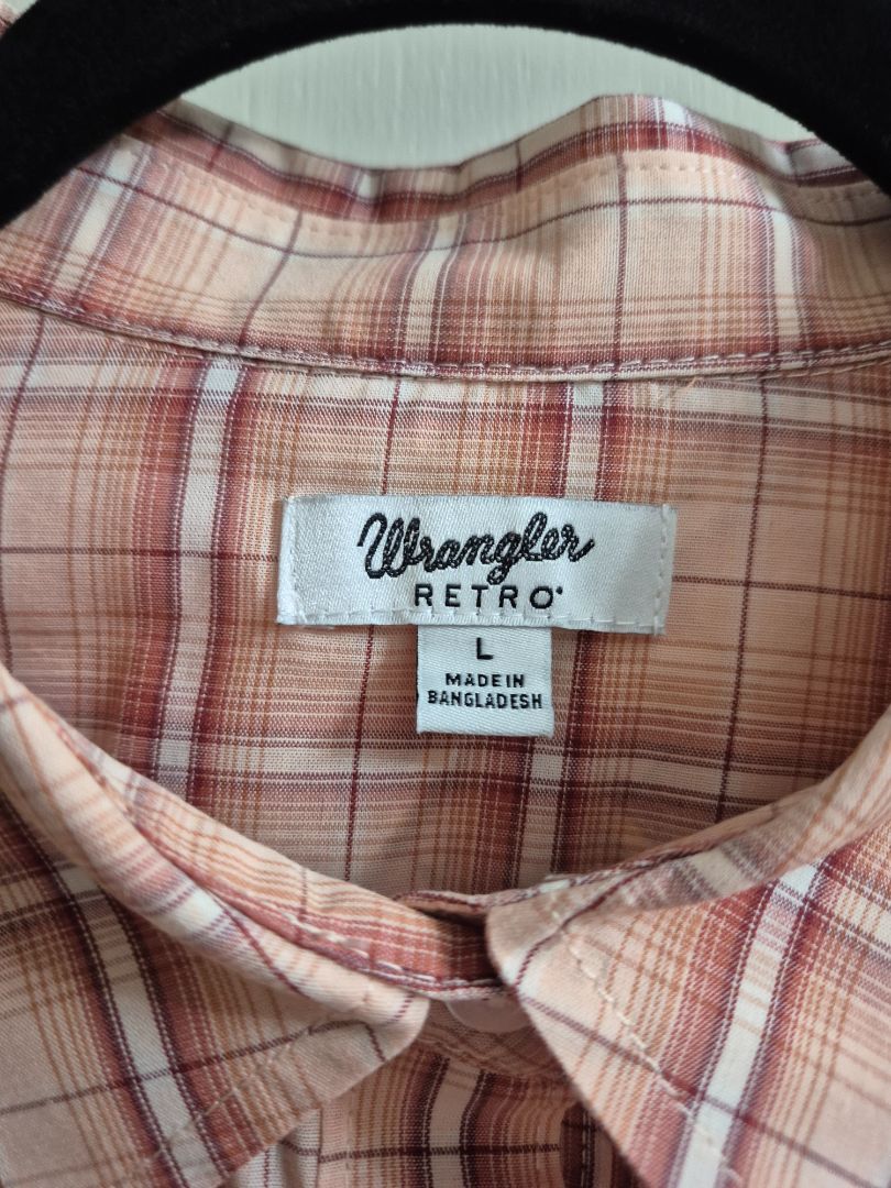 Peach Plaid Wrangle Retro Long Sleeve Western Snap Shirt, L