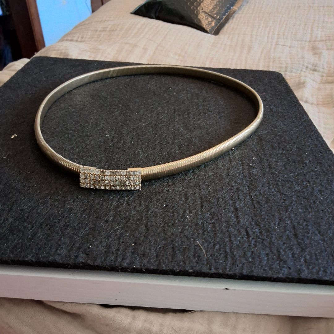 Vintage Gold-Tone Metal Strech Belt With Rhinestone Buckle, Skinny Strap Belt, Womens 1980s