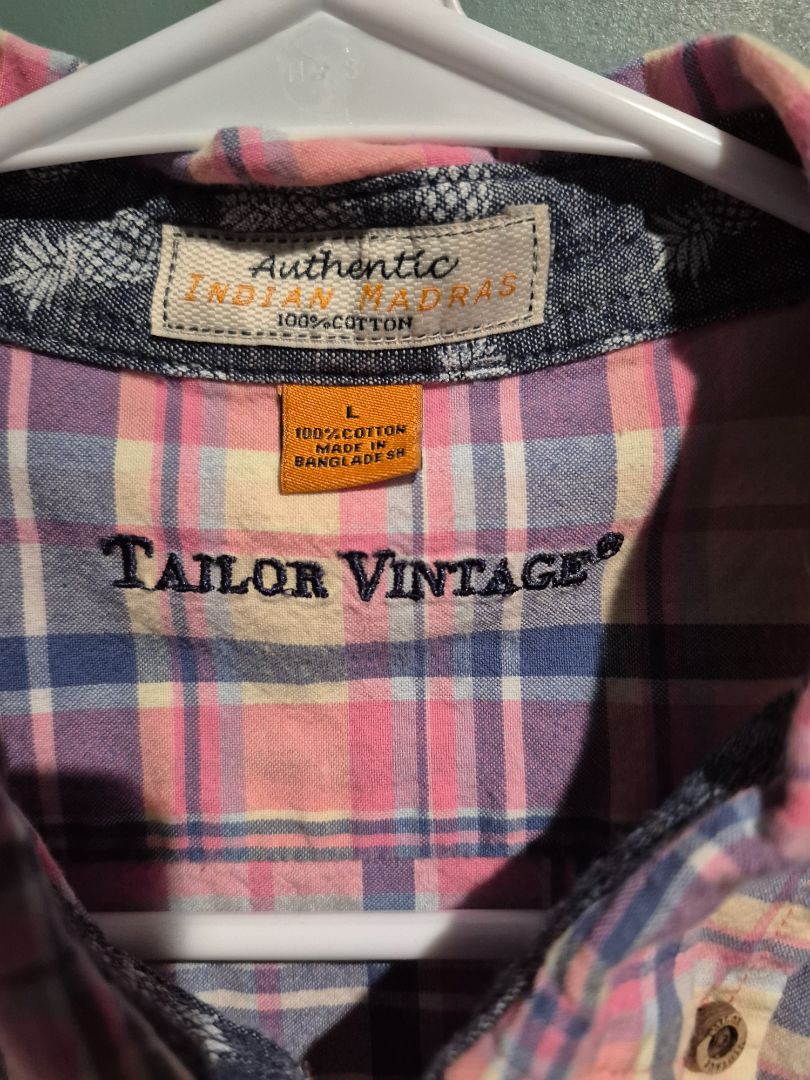 Pink Plaid Tailor Vintage Short Sleeve Button Shirt, L