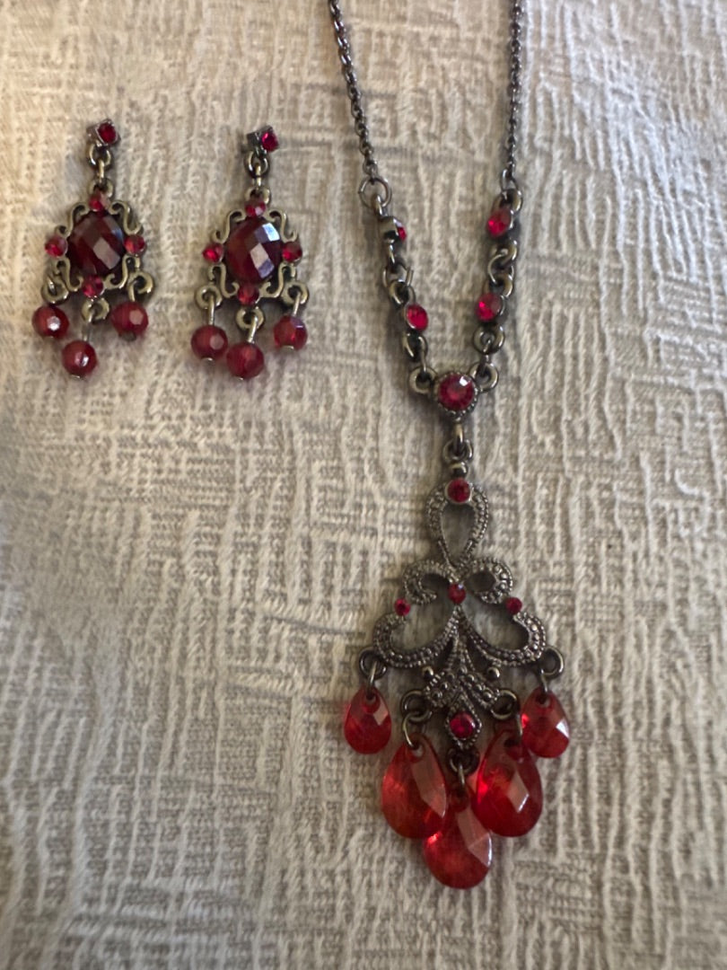 1928 Red Crystal Earring&Necklace Set