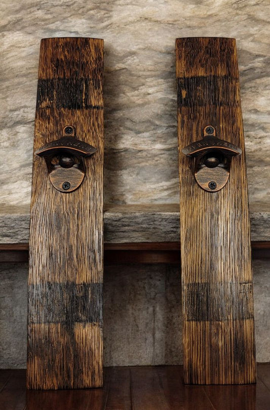 Natural Aged Oak Whiskey Barrel Stave Bottle Opener Wall Mount, 20 Inches Tall