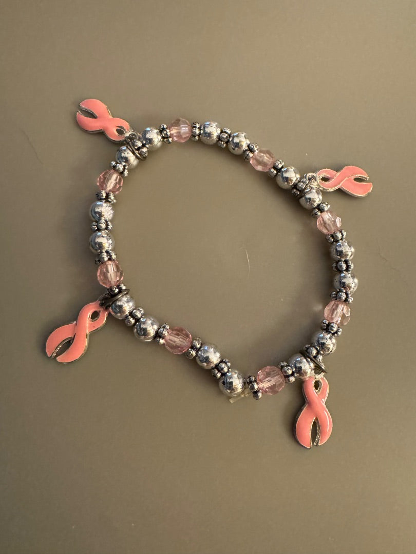Pink ribbon silver tone stretchy bracelet