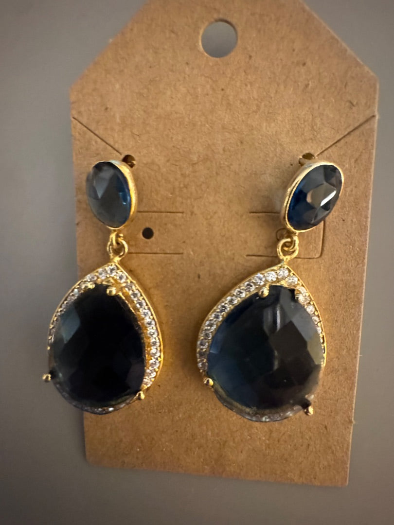 Blue facet two drop stud earrings