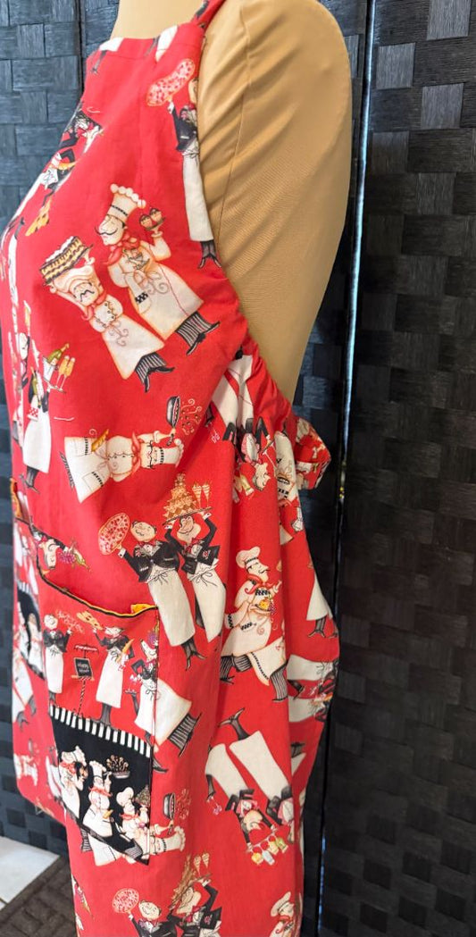 Red Chubby Chef Theme Handmade by Kelly Adult Apron, Adjustable