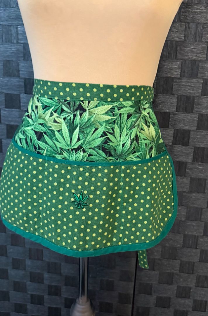 Green and Black Marijuana Leaf Theme Handmade by Kelly Adult Apron, Adjustable