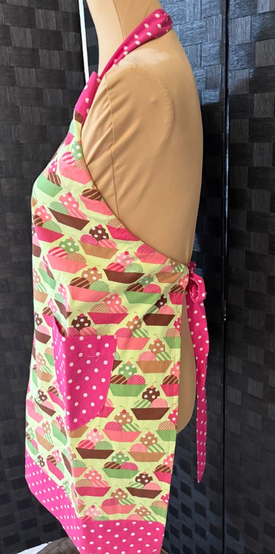 Pink and Green Ice Cream Scoop Theme Handmade by Kelly Adult Apron, Adjustable