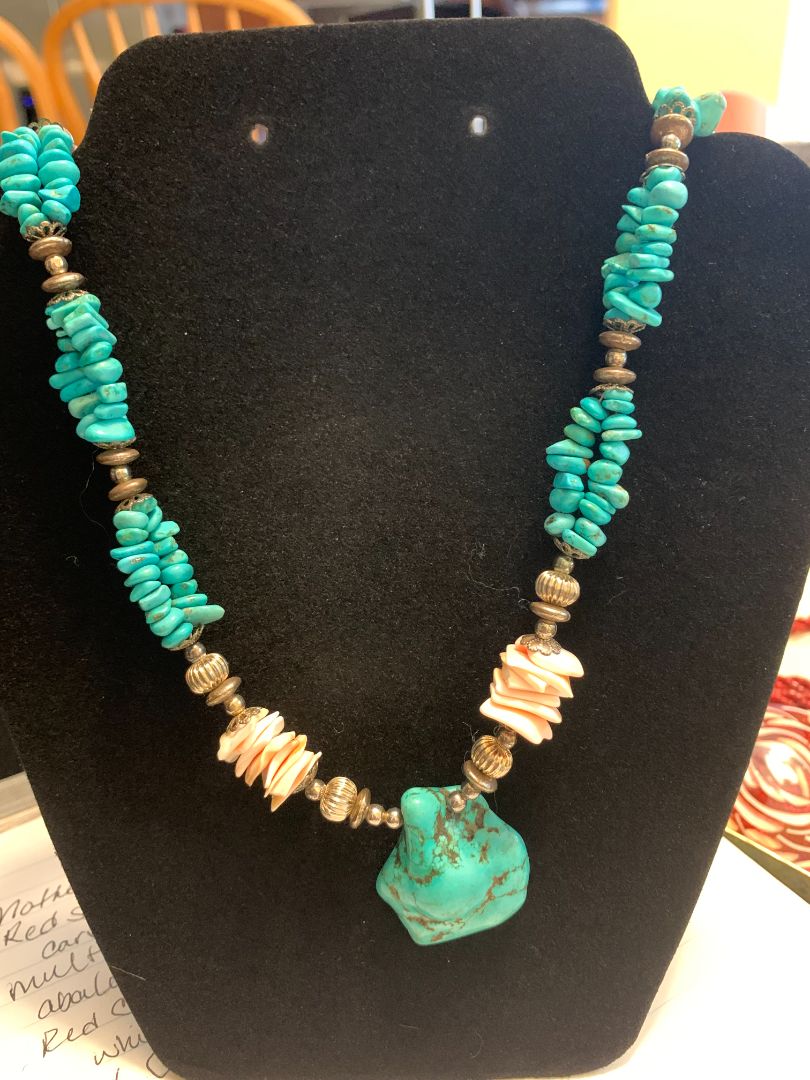 turquoise and pink  Turquoise nugget necklace with turquoise and pink shell beads