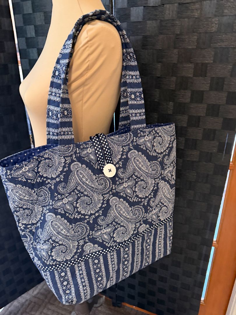 Navy and White Paisley Handbag Handmade by Kelly Hand Bags, X Large