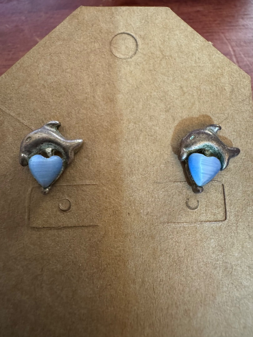 Silver blue opal like dolphing stud earrings