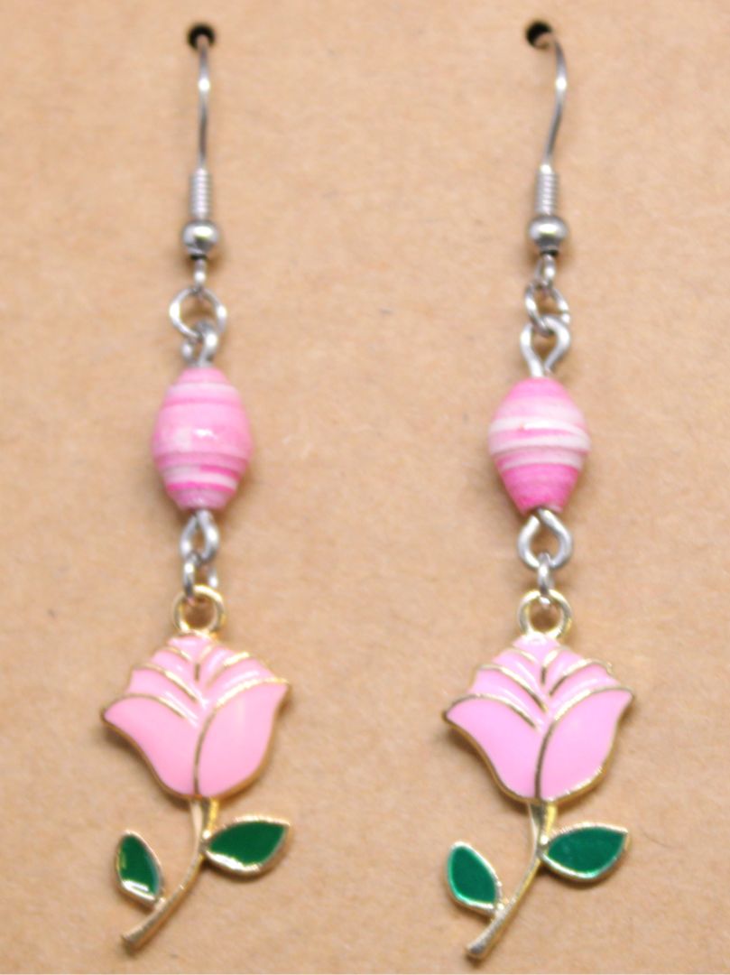 Silver and Green Designs by Raven Pink Rose Stainless Steel Earrings