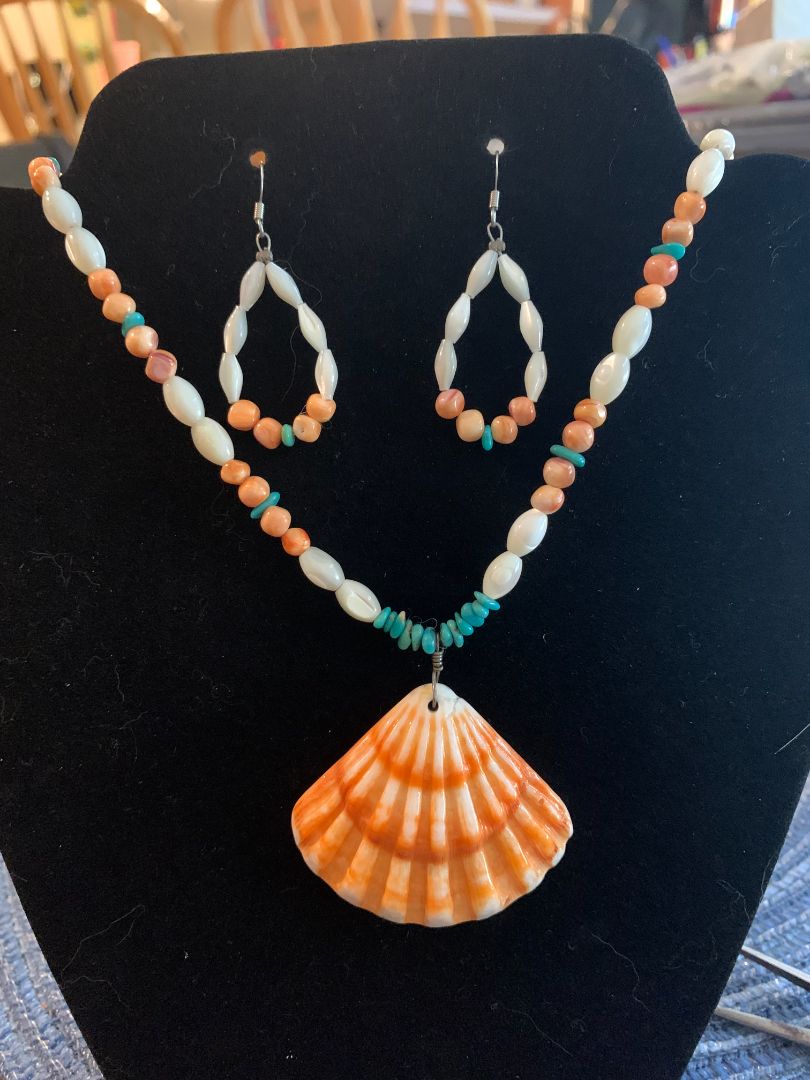 pink and white sunrise shell necklace and earring set with pearl and turquoise beads