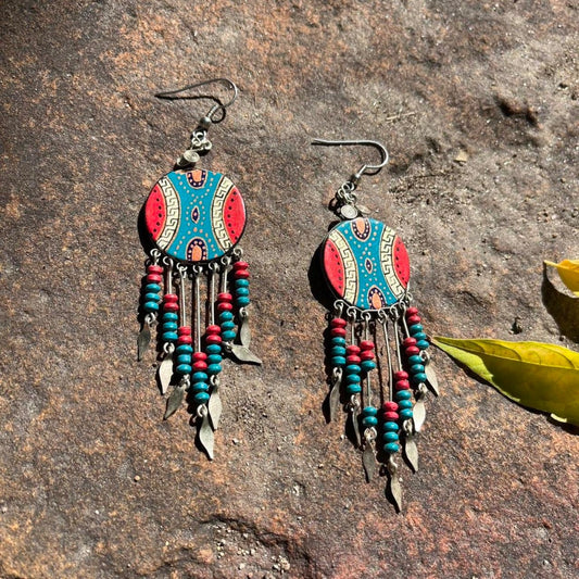 Silver, teal, and coral red Southwestern Handcrafted Earrings