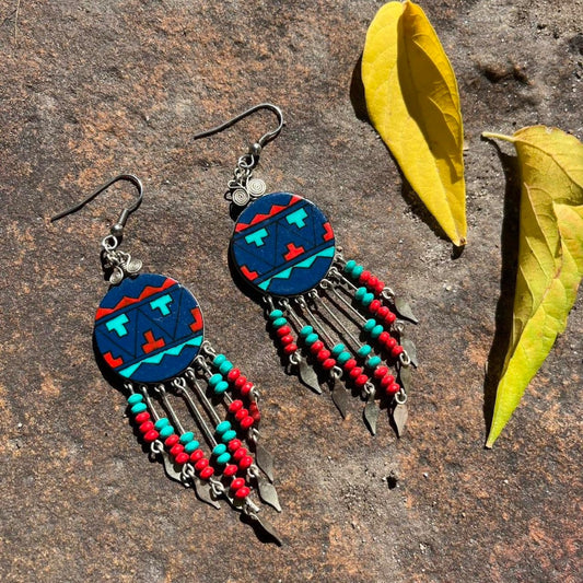Silver, turquoise, azure blue and coral red Southwestern Handcrafted Earrings