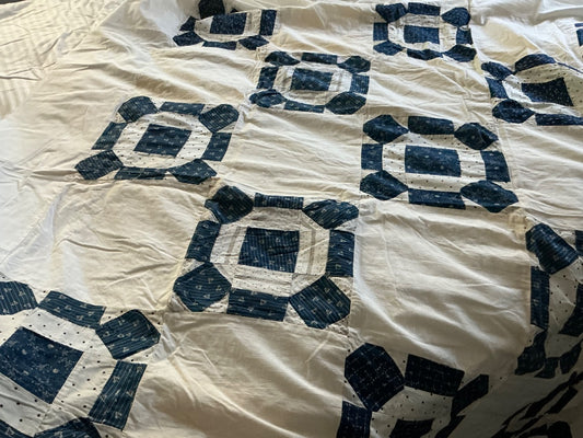 White with navy Unknown Quilt topped, unfinished, 80x80